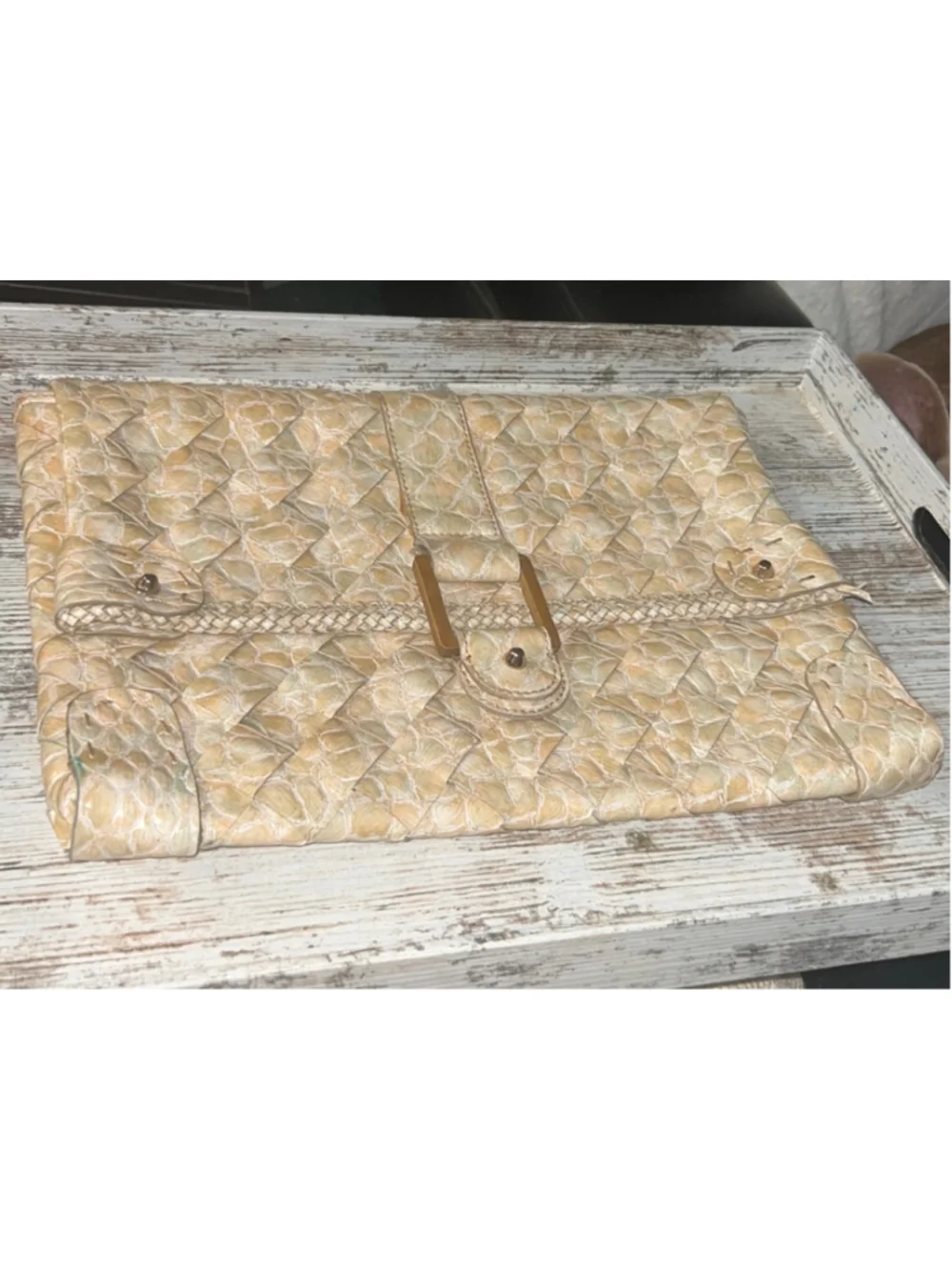 Women's Jessica Simpson Clutch One Size Beige Gold Woven Faux Leather